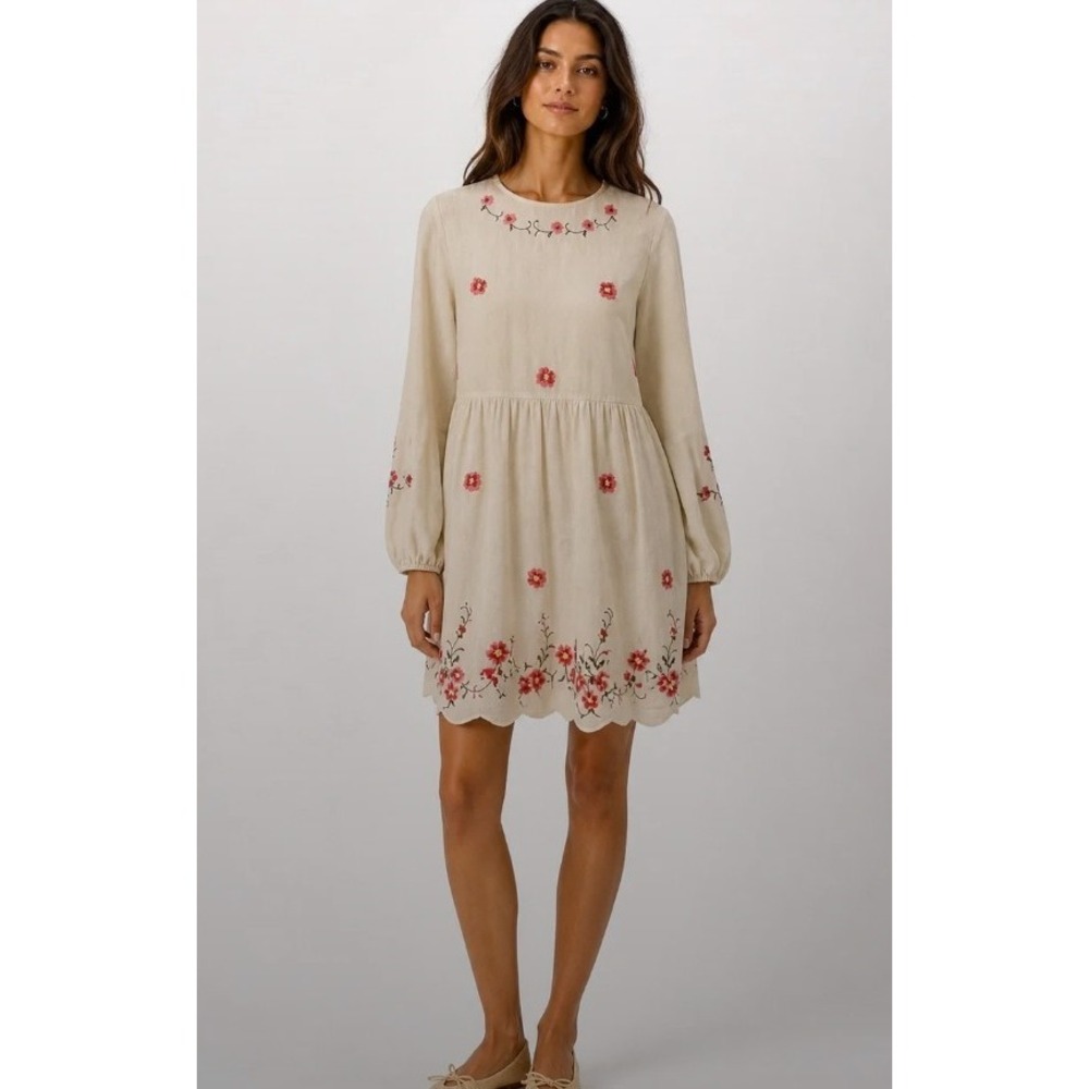 Caroline Constas Floral Embroidered Linen Mini Dress‎ Cream Pink Size Small NEW